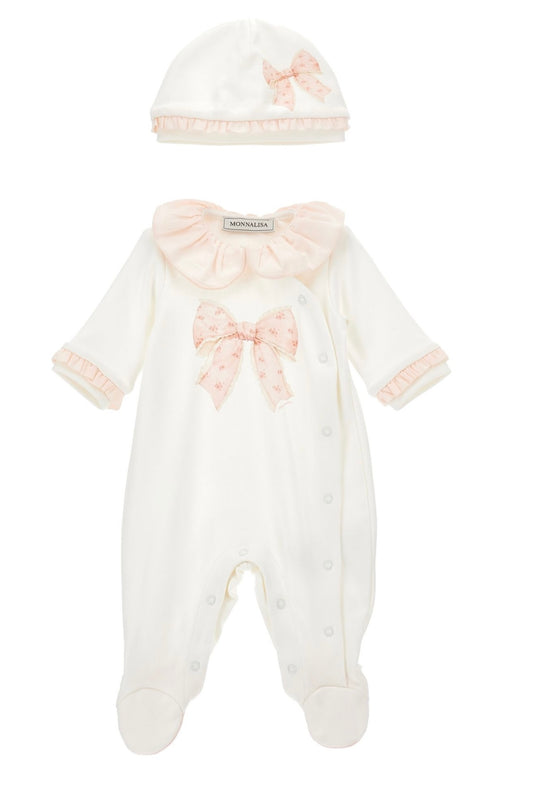 Monnalisa pink & white bow babygrow and hat set