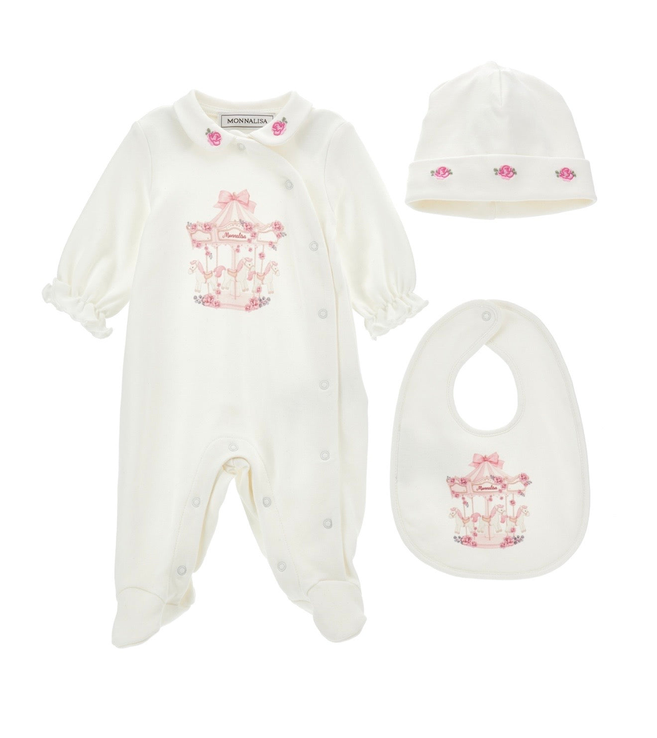 PRE ORDER - monnalisa pink white & pink carousel babygrow 3 piece set