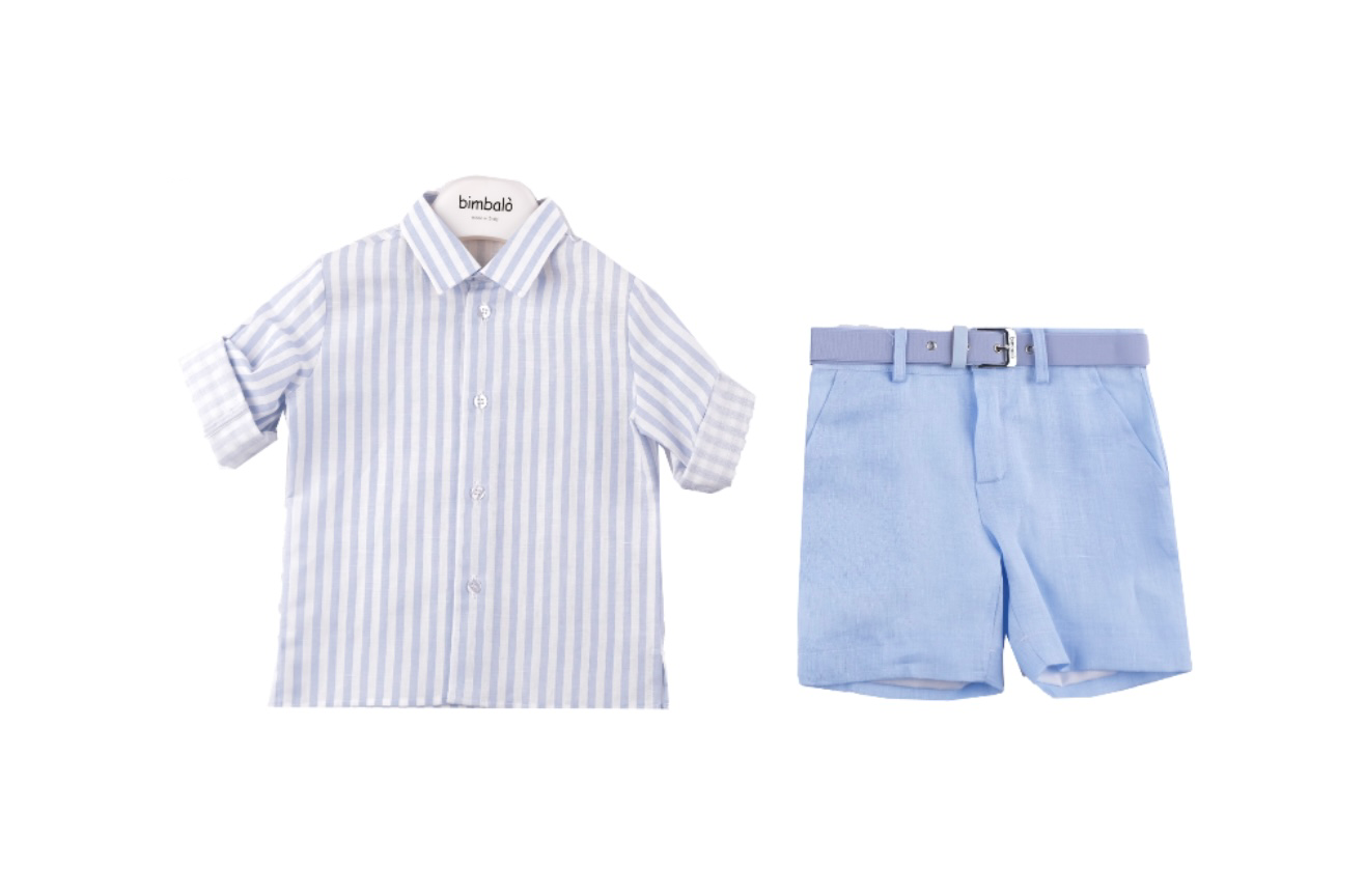 Bimbalo blue & white tripped linen shirt, t-shirt and short set with belt