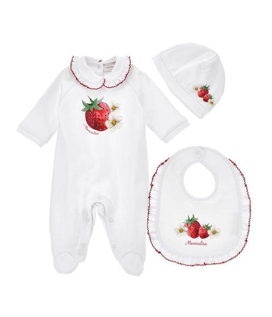 PRE ORDER - monnalisa white strawberries babygrow 3 piece set