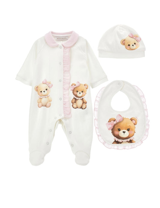 monnalisa Teddy print babygrow 3 piece set - pink