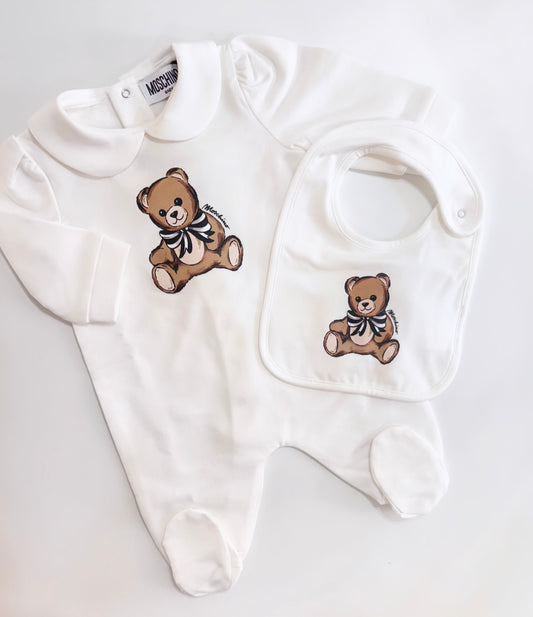 Moschino ivory teddy bear babygrow & bib set