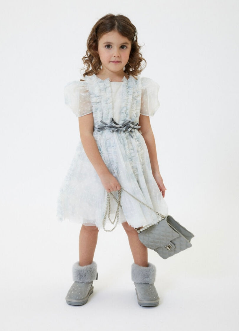 Monnalisa grey tulle & polka dot dress with belt