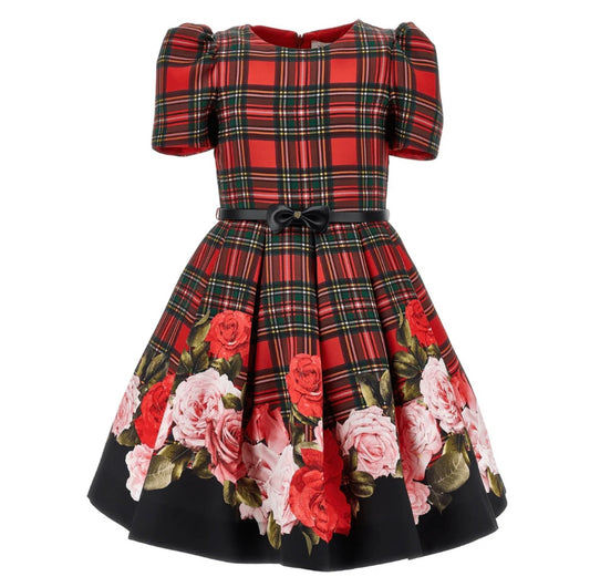 Monnalisa girls tartan rose dress