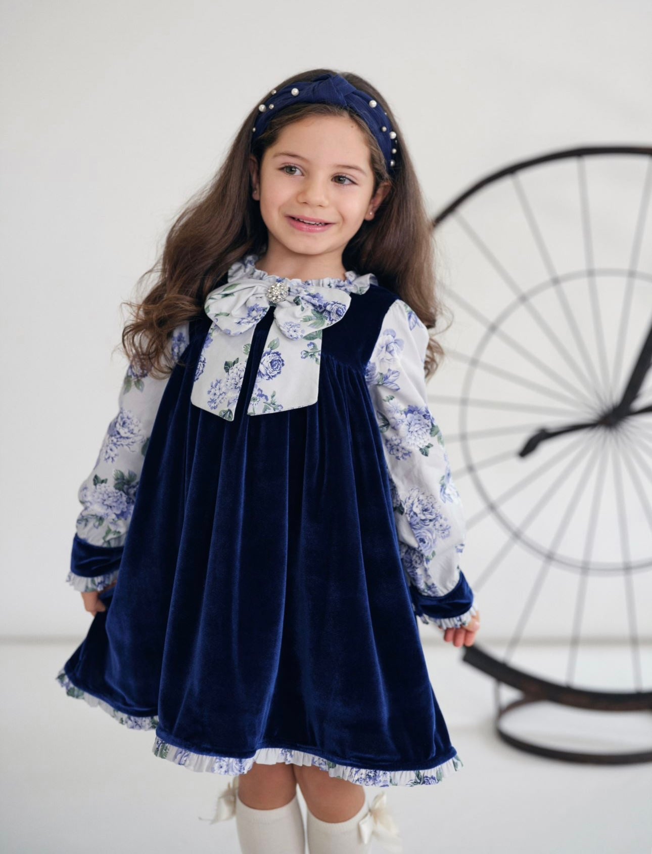Chic by Deolinda blue velvet floral bow dress