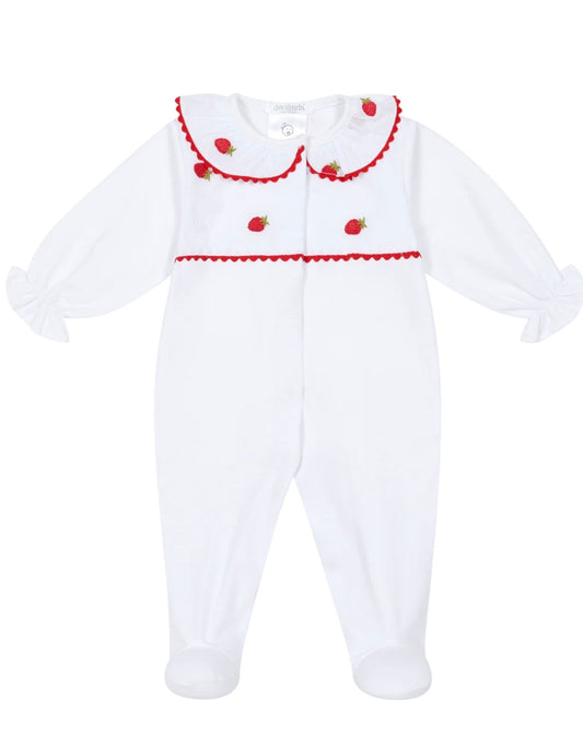 Deolinda strawberry embroidered white babygrow