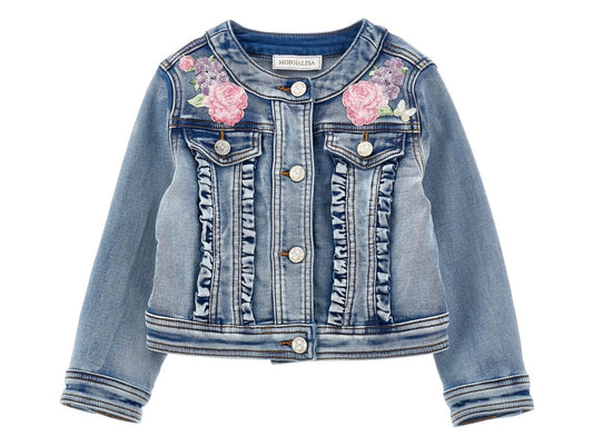 PRE ORDER - monnalisa pink floral dark wash denim jacket