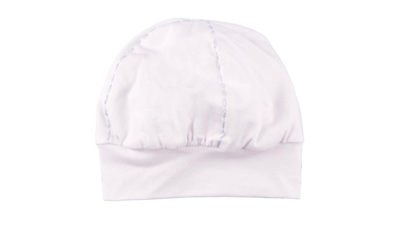 Bimbalo white cotton boys hat with blue stitching