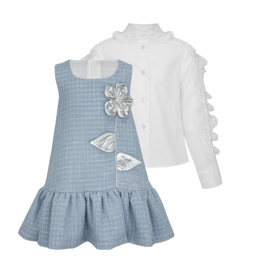 Daga blue mirage tweed pinafore & blouse set