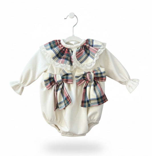 Puro mimo ivory tartan frilled bow romper