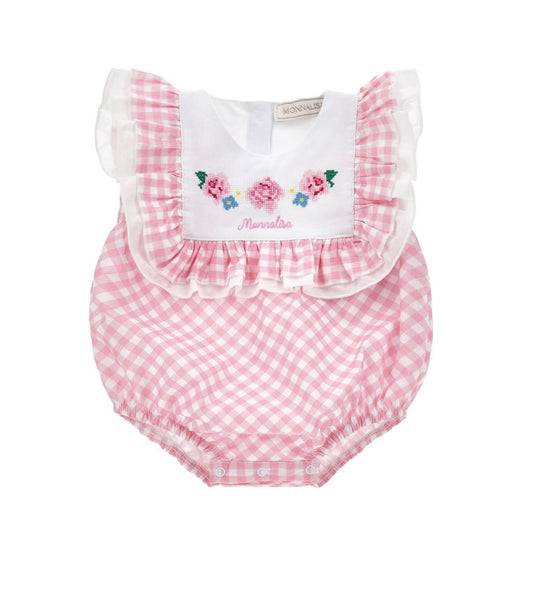 PRE ORDER - monnalisa pink gingham floral frilled romper