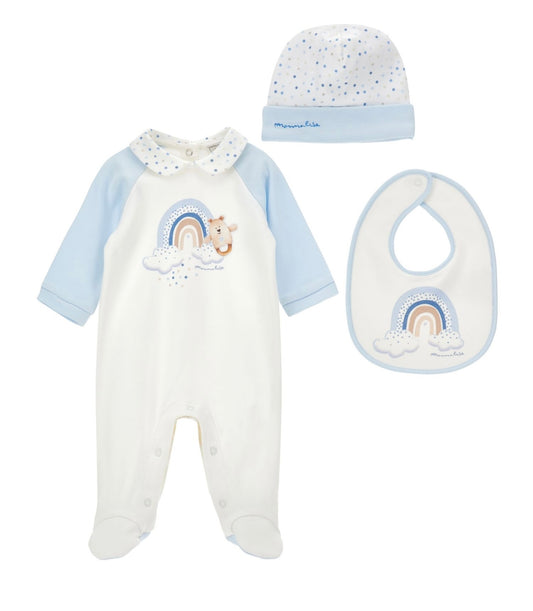 Monnalisa blue & white rainbow teddy babygrow 3 piece set
