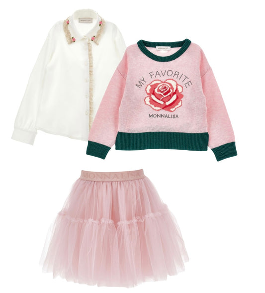 Monnalisa pink roses jumper, blouse & tulle skirt set