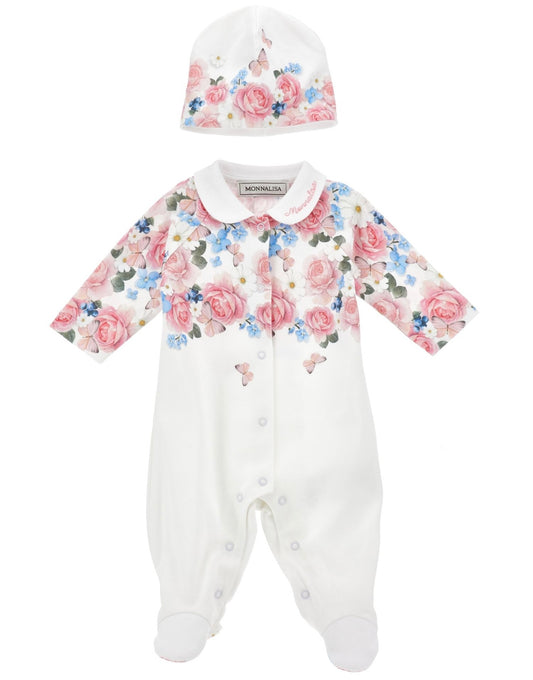 PRE ORDER - monnalisa pink floral butterfly babygrow & hat set
