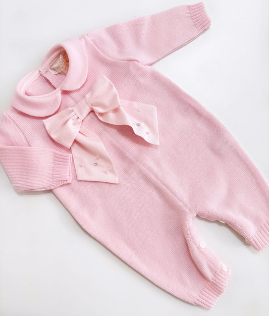 Bimbalo baby girls pink wool knit bow babygrow