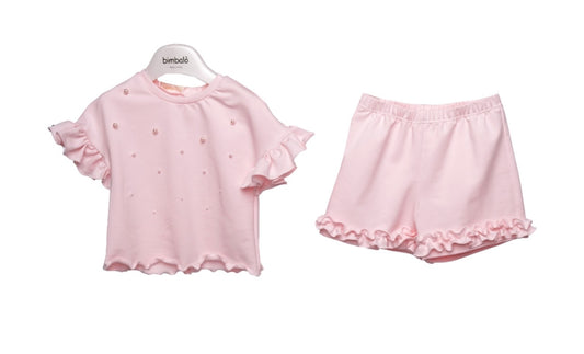 PRE ORDER - Bimbalo pink cotton frilled pearly short set