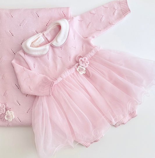 Bimbalo pink knit floral tulle romper