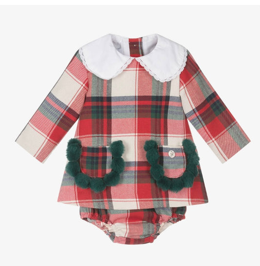 Foque girls red tartan Pom Pom dress & pant set