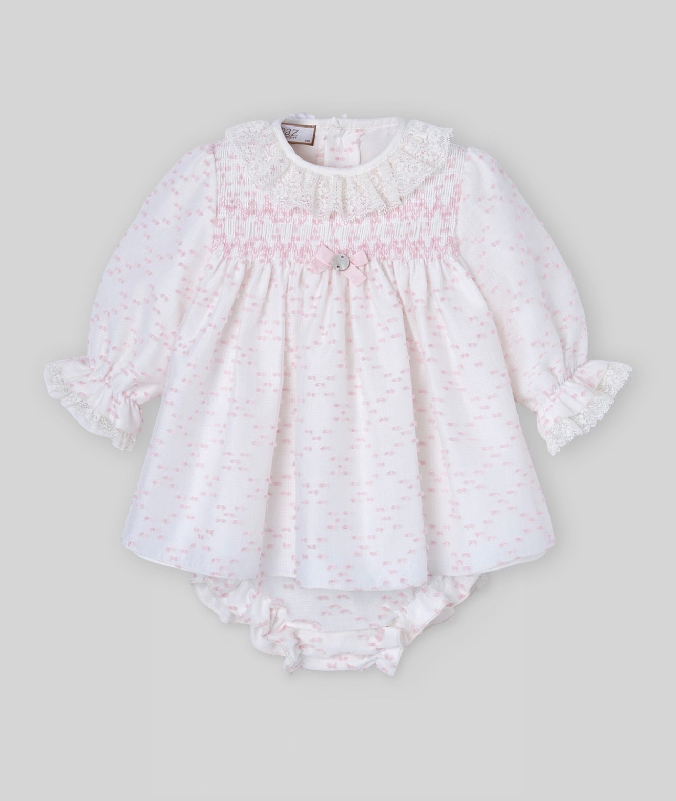 Paz Rodriguez baby pink & white dotted smocked dress set