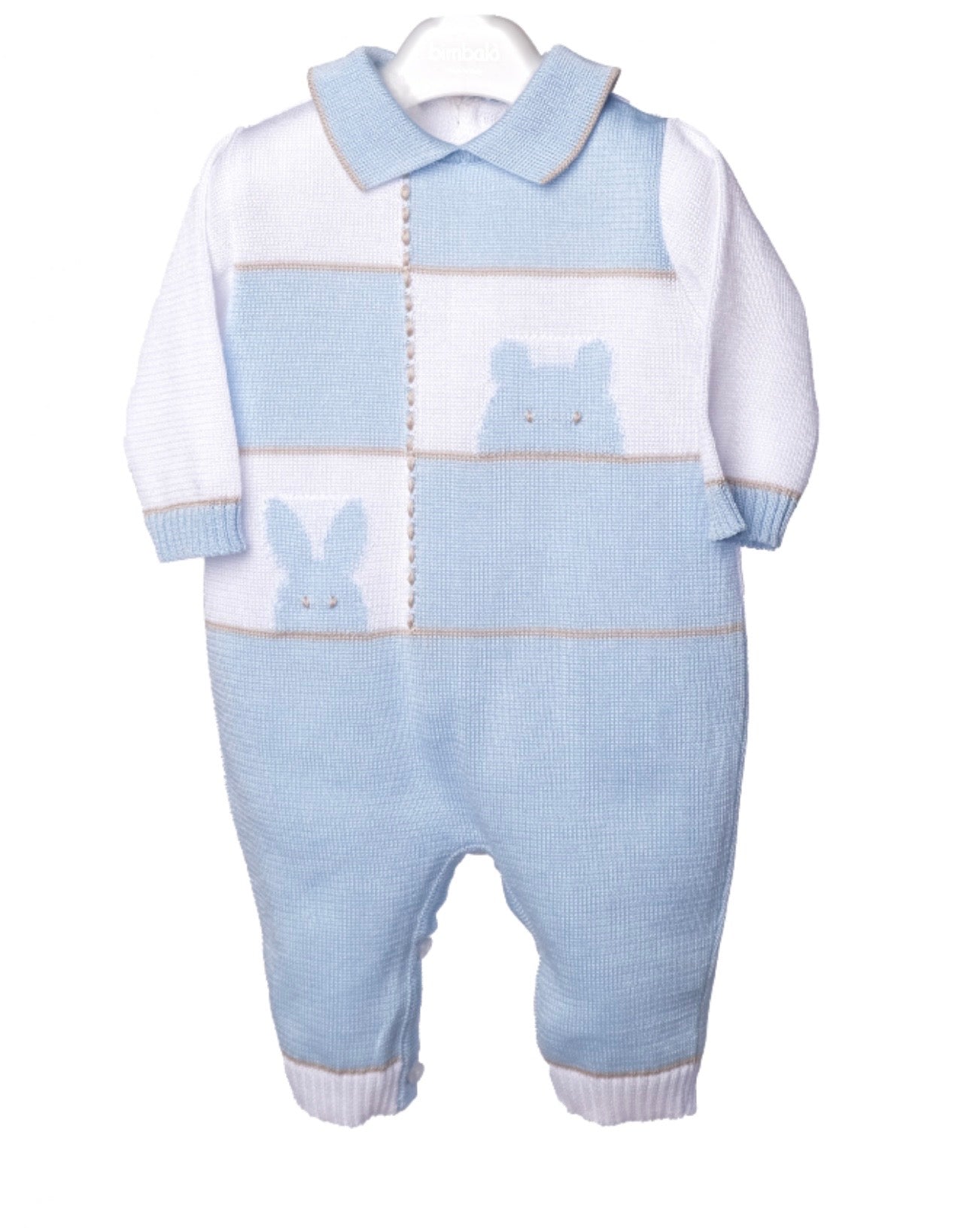 Bimbalo blue & white knitted Teddy and bunny babygrow