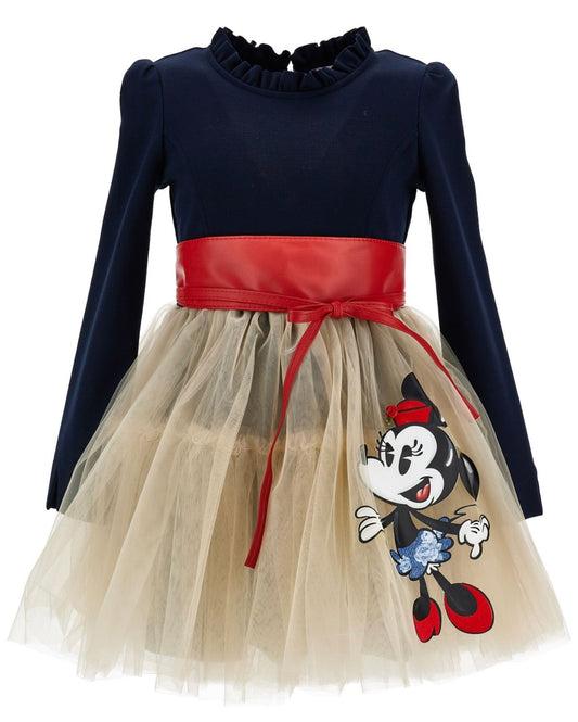 PRE ORDER - Monnalisa navy & beige tulle Minnie Mouse belted dress