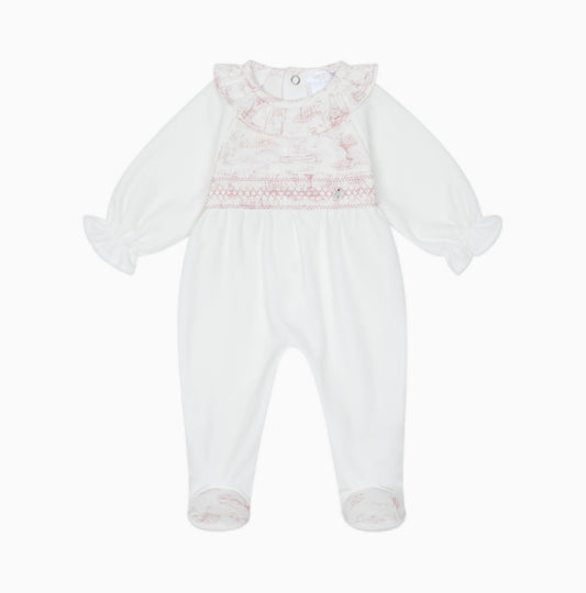 Deolinda pink toile print smocked babygrow