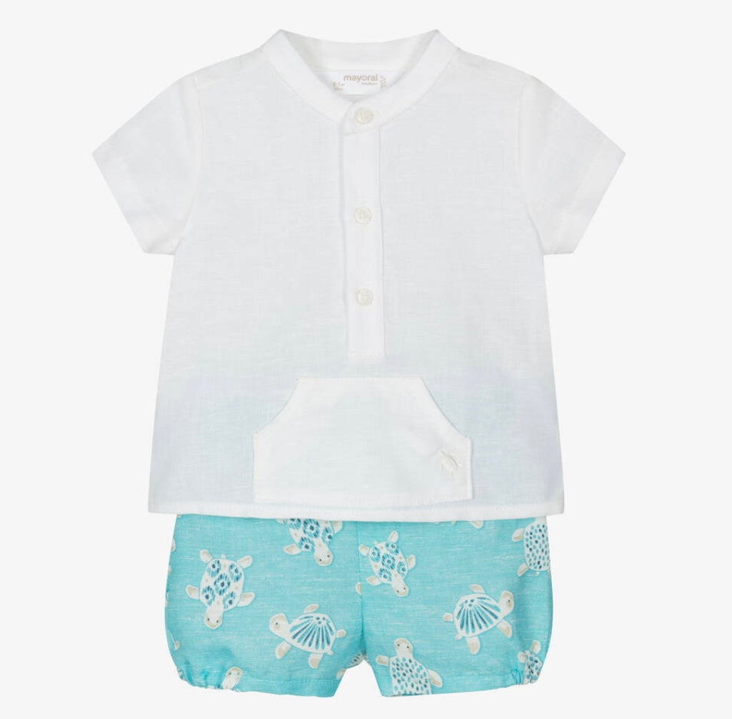 Mayoral aqua blue and white short & shirt set