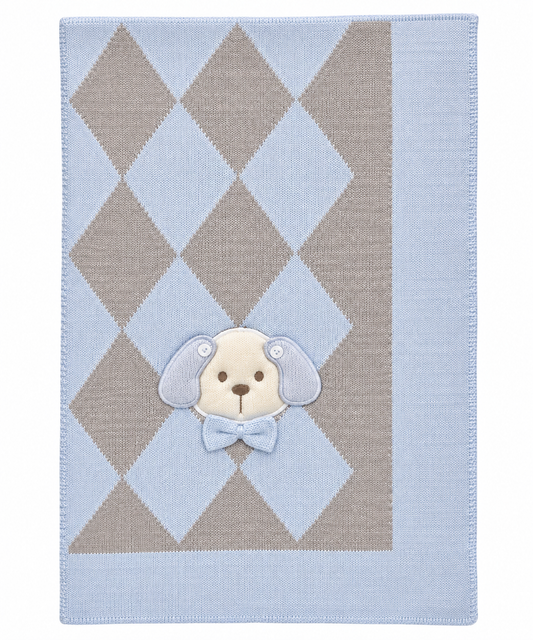 Bimbalo grey & blue diamond dog knitted blanket