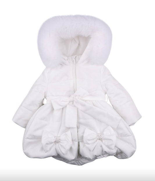 PRE ORDER - Bimbalo white bow diamanté fur hood puffer