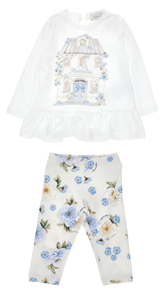 PRE ORDER - Monnalisa white & blue floral teddy legging set