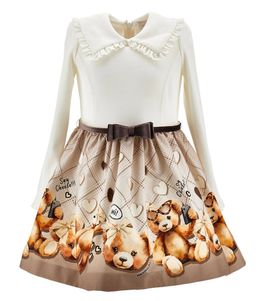 PRE ORDER - Monnalisa brown & cream Teddy belted dress