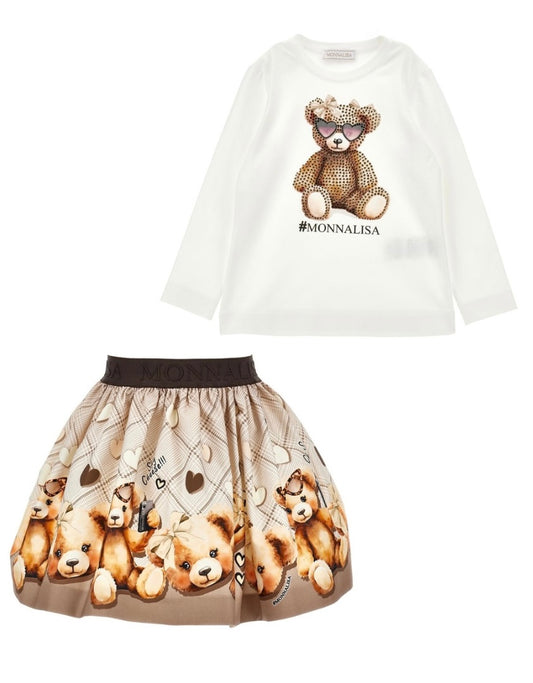 PRE ORDER - Monnalisa brown & white teddy bear skirt set