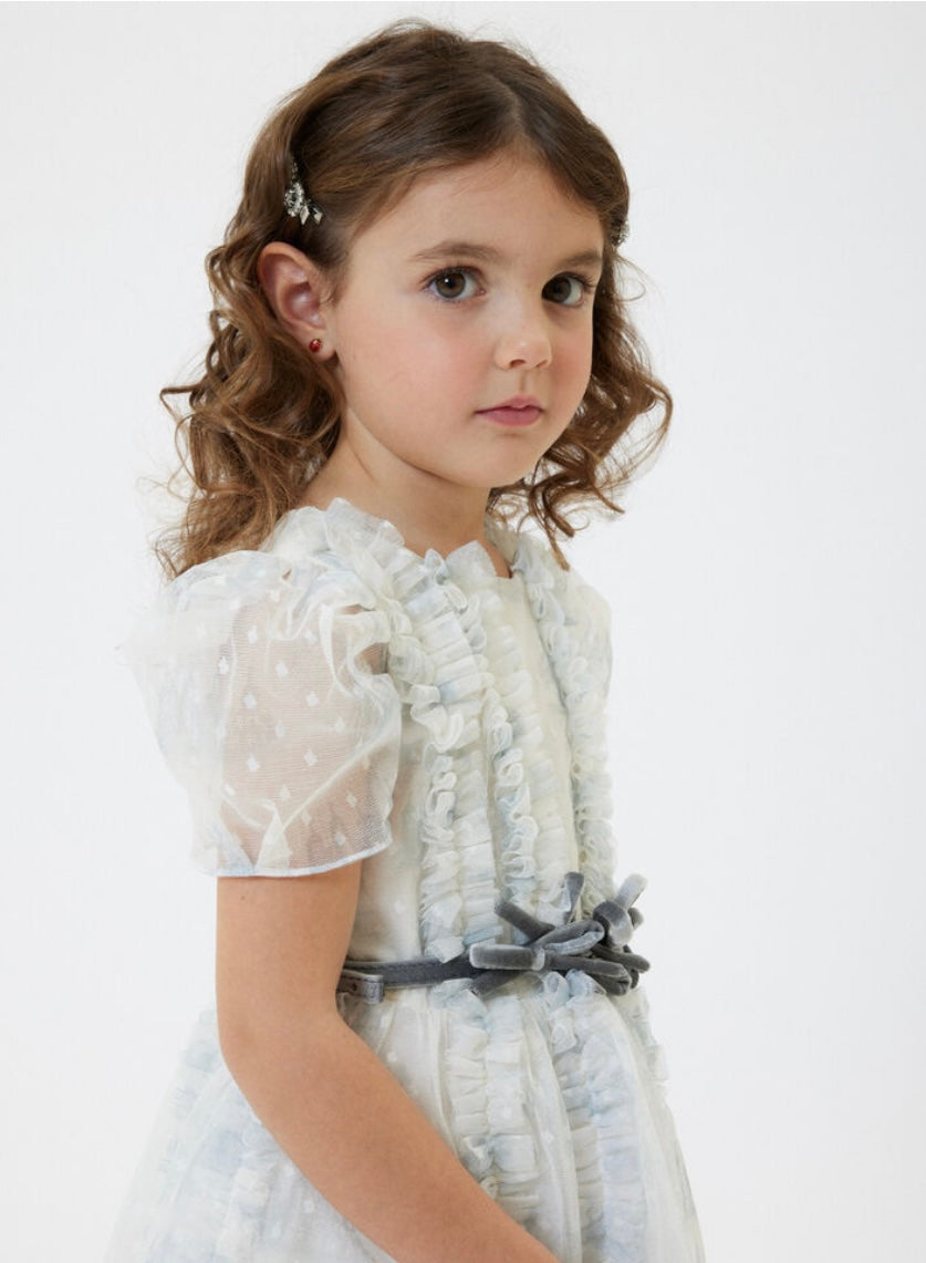 Monnalisa grey tulle & polka dot dress with belt