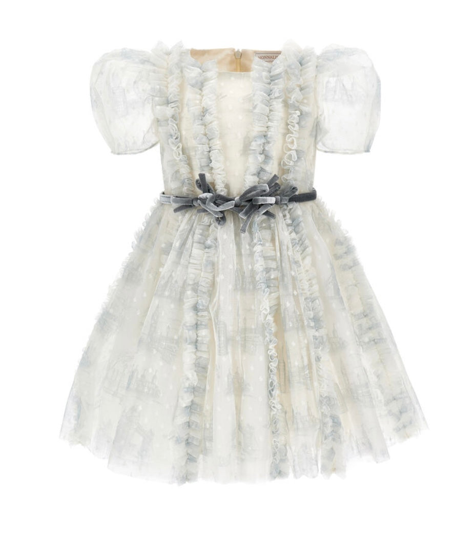 Monnalisa grey tulle & polka dot dress with belt