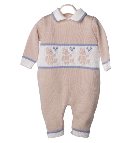 Bimbalo baby boys beige & blue knit teddy babygrow
