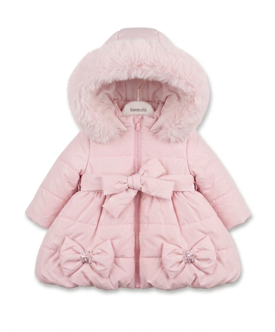 PRE ORDER - Bimbalo pink bow diamanté fur hood puffer