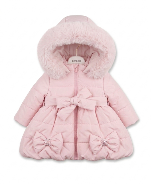 PRE ORDER - Bimbalo pink bow diamanté fur hood puffer