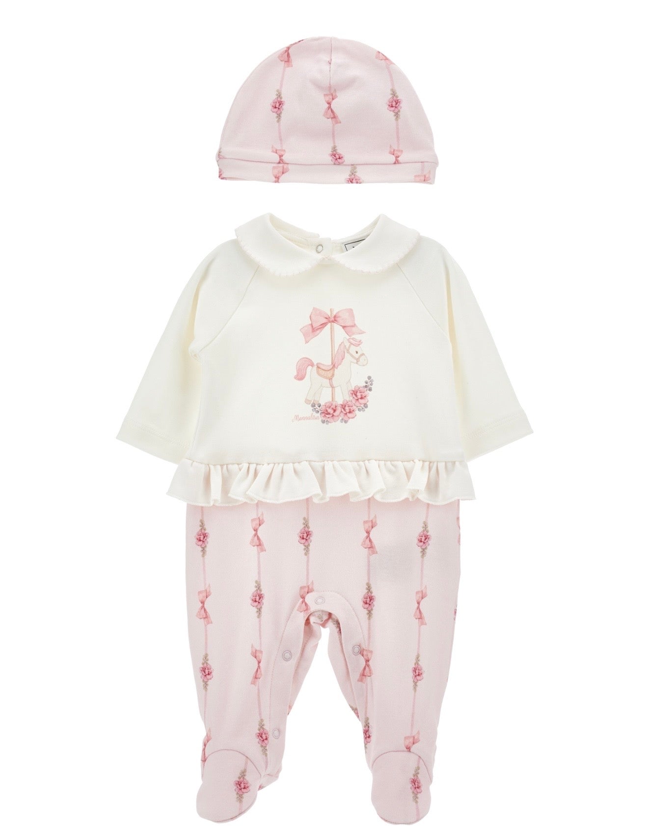PRE ORDER - monnalisa pink & white carousel babygrow and hat set