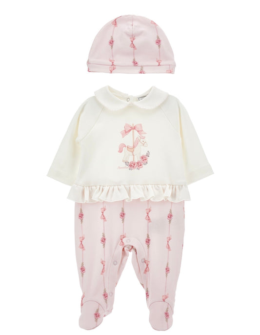 PRE ORDER - monnalisa pink & white carousel babygrow and hat set