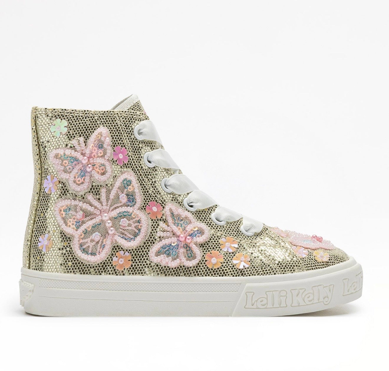 Lelli Kelly gold & pink butterfly ‘Emerald’ beaded high tops