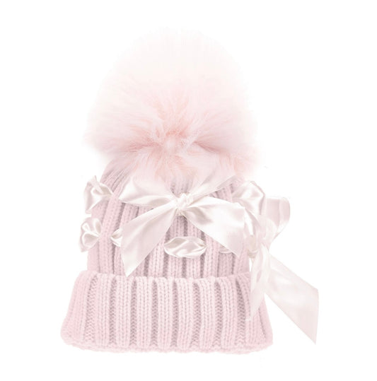 monnalisa pink knitted bow Pom Pom hat