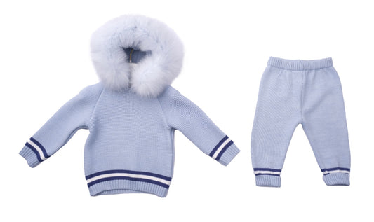 Bimbalo boys baby blue knit fur hoodie set