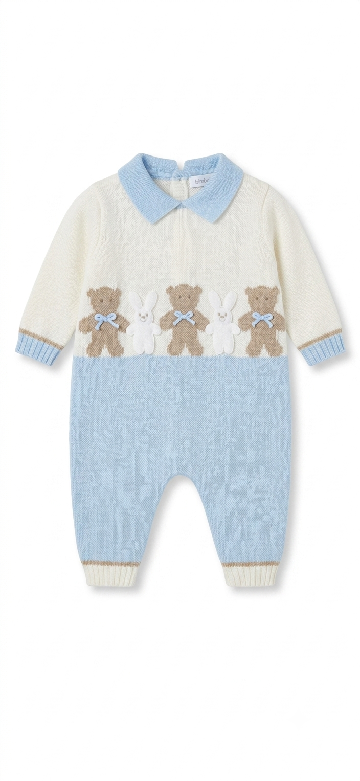 PRE ORDER - Bimbalo knitted blue & beige Teddy and bunny babygrow