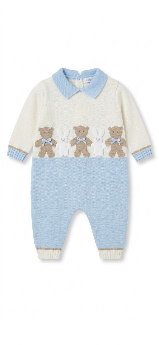 PRE ORDER - Bimbalo knitted blue & beige Teddy and bunny babygrow
