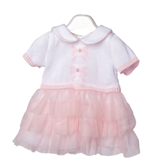 Bimbalo pink & white pearly bow knit tulle dress