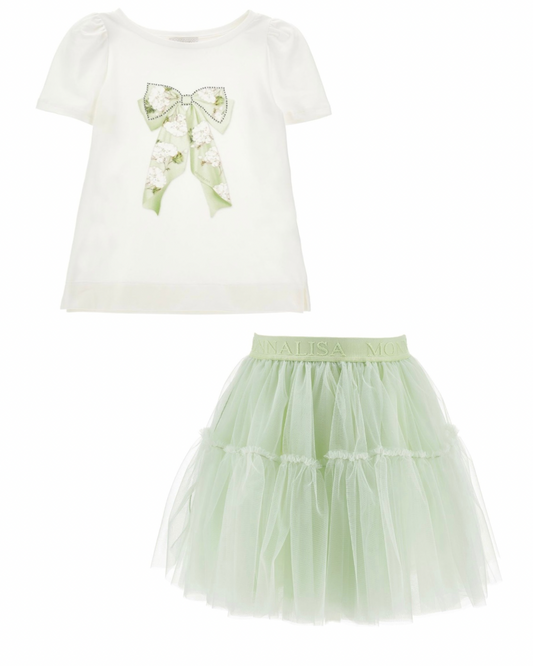PRE ORDER - monnalisa pistachio floral now tulle skirt set