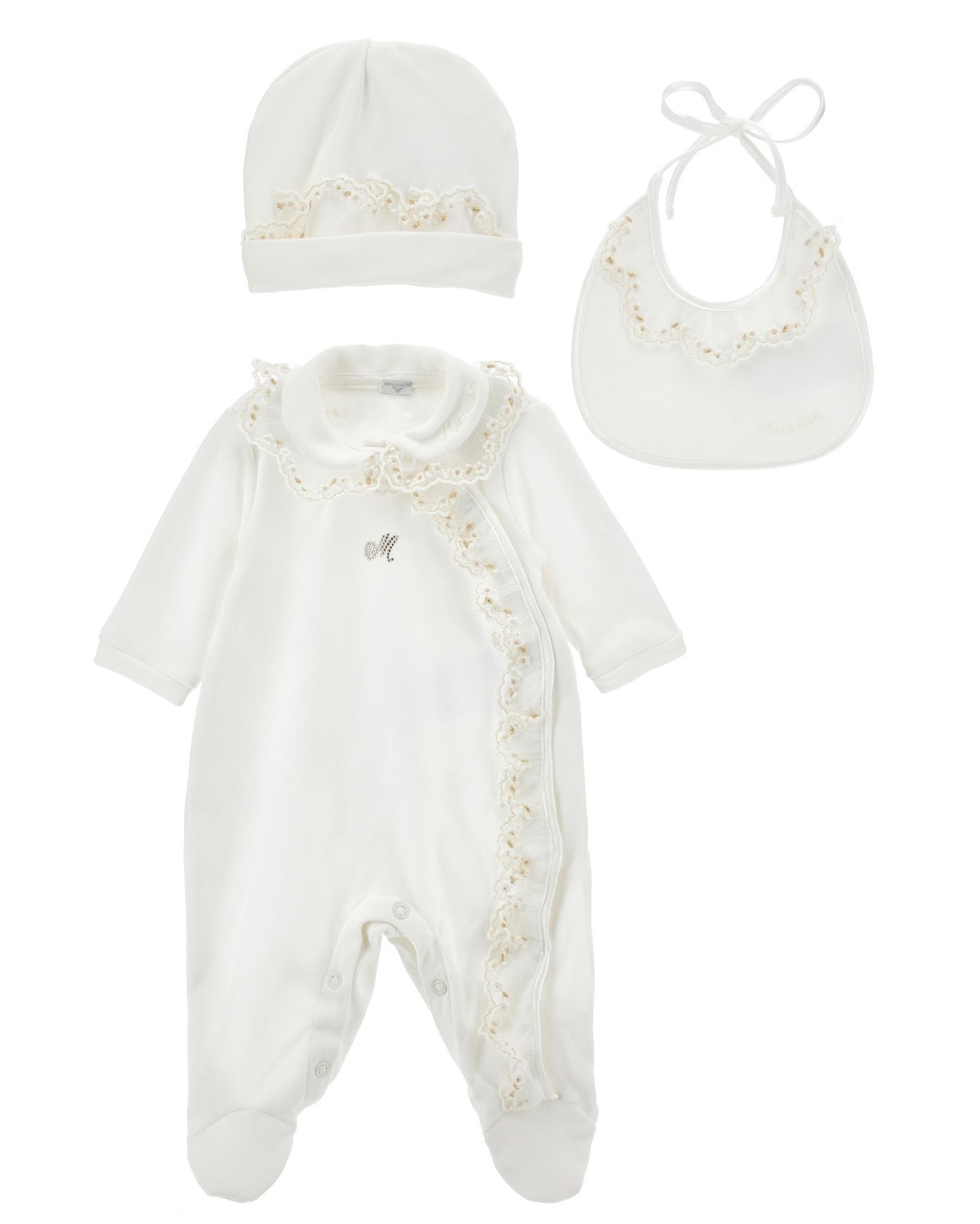 PRE ORDER - monnalisa ivory & gold lace babygrow 3 piece set