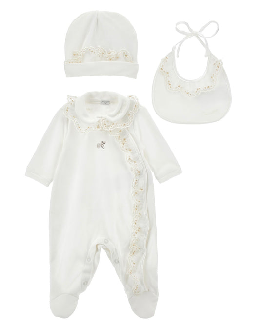 PRE ORDER - monnalisa ivory & gold lace babygrow 3 piece set