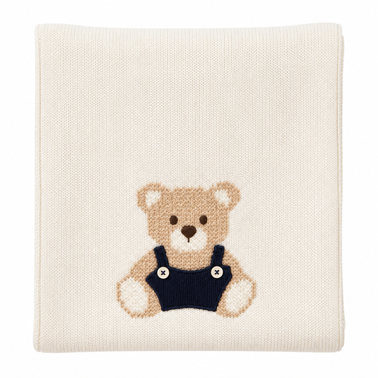 Bimbalo cream & navy knitted teddy blanket