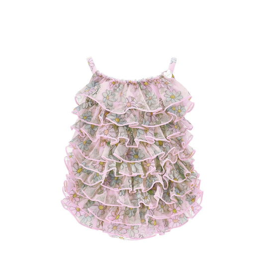 PRE ORDER - Monnalisa pink daisy print tulle frilled swimsuit